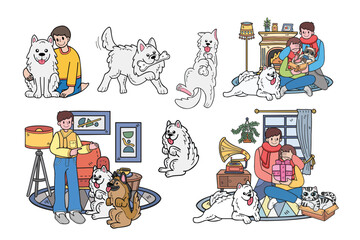 Hand Drawn Samoyed dog and family collection in flat style illustration for business ideas