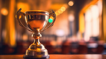 Golden winner cup on blurred festive background. AI generation