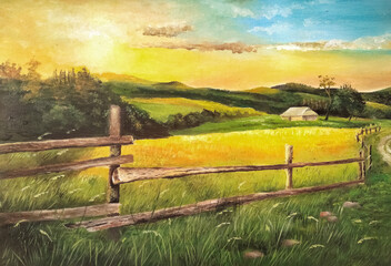 Painting Sunset in field