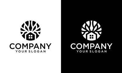 nature green house logo design line art style vector symbol icon design with leaf circle home concept, Eco friendly home logo design