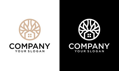 nature green house logo design line art style vector symbol icon design with leaf circle home concept, Eco friendly home logo design