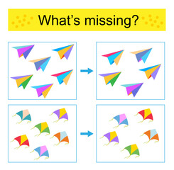 Puzzle game for kids. Task for the development of attention and logic. Find the missing object.