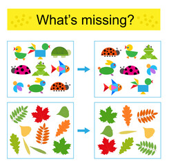 Puzzle game for kids. Task for the development of attention and logic. Find the missing object.