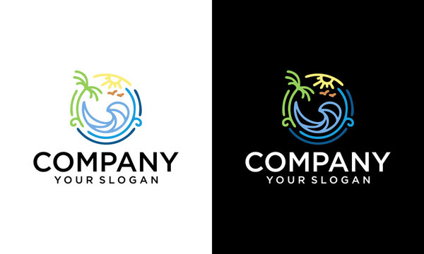 Modern line art tropical circle beach logo illustration design