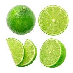 Lime or green lemon with slice collection isolated on white background.