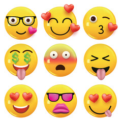 Set of 3d icon yellow color smile emoji. Set Icon Smile Emoji. Vector