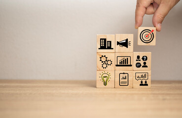 business idea concept. Light bulb, red arrow and many icon on wooden board. Icon Business success and new strategy. Industry. Medicine, engineer. Financial.