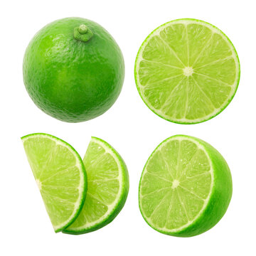 Lime or green lemon with slice collection isolated on white background.