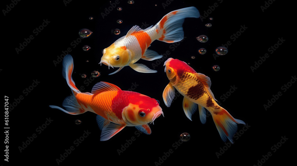 Wall mural three koi fish on black isolated background with ai generated