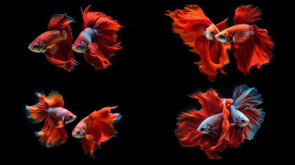 flames set of betta fish on black isolated background with Ai Generated