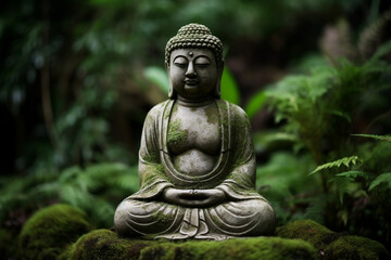 Fototapeta na wymiar Buddha statue in a blurred green bamboo zen jungle, friendly peaceful tropical environment, fresh natural spa asian wallpaper. Mindfulness, wellness, and Inspiring concept. Generative AI Technology