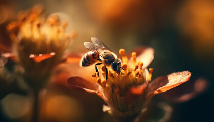 Busy honey bee picking up pollen from flower generated by AI