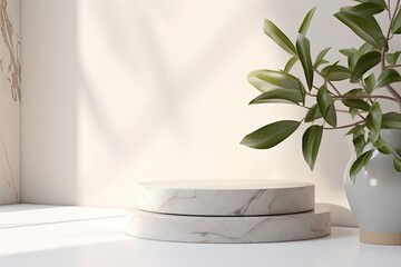 Minimalist interior design, 3d render, beige marble floor and plant