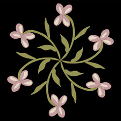Round floral ornament with blooming branches of pink flower. Folk style. On black background.