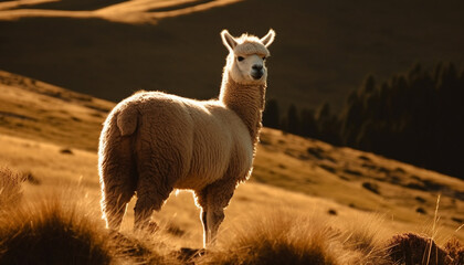 Fluffy alpaca grazing on rural farm meadow generated by AI - obrazy, fototapety, plakaty