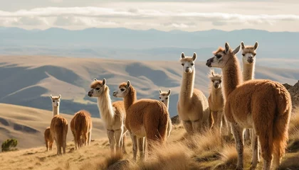 Fotobehang A cute alpaca herd grazes on green grass generated by AI © grgroup