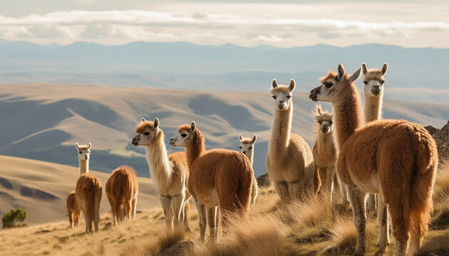 A cute alpaca herd grazes on green grass generated by AI