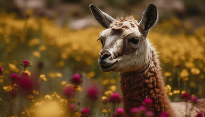 Naklejka premium Fluffy alpaca grazes in tranquil meadow, springtime beauty generated by AI