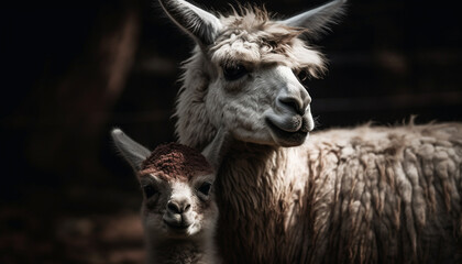 Cute alpaca portrait, looking at camera with humor generated by AI