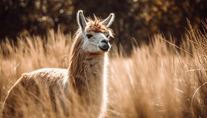Fototapeta premium Cute alpaca grazing in rural meadow portrait generated by AI
