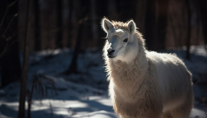 Fluffy alpaca stands in snowy meadow, posing generated by AI