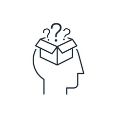 A human head and a big box of questions. Lack of understanding of what is happening. Confusion.Unresolved issues.Vector linear icon isolated on white background.