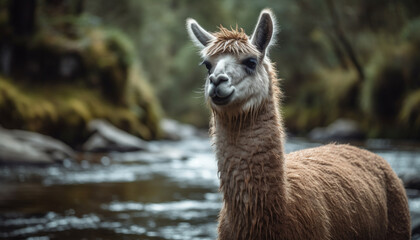 Fototapeta premium Cute alpaca looking at camera in meadow generated by AI