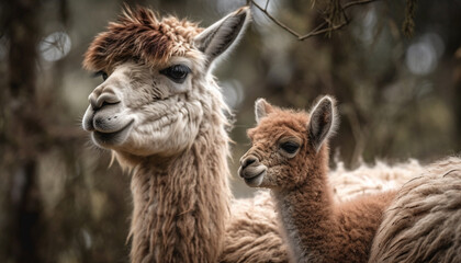 Obraz premium Cute alpaca herd grazing in rural meadow generated by AI