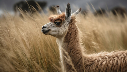 Cute alpaca grazing in green meadow, looking at camera generated by AI