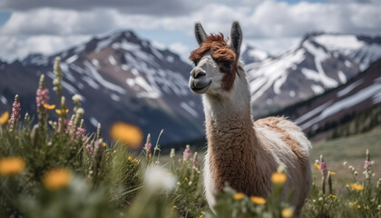 Adorable alpaca grazing in scenic mountain meadow generated by AI