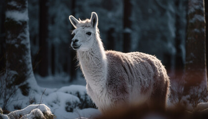 Fototapeta premium Cute alpaca grazing in snowy rural meadow generated by AI