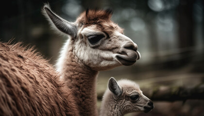 Obraz premium Cute alpaca grazing in green meadow, looking at camera generated by AI