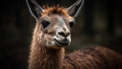 Obraz premium Cute alpaca portrait, looking at camera in meadow generated by AI
