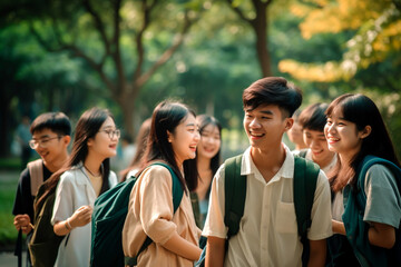Asian students meeting on campus after holidays on a sunny day, back to school, ai generated