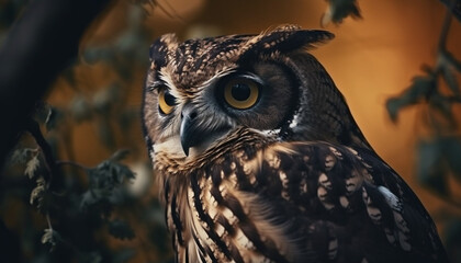 Great horned owl perching on tree branch generated by AI