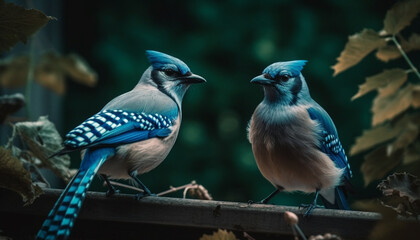 Two starlings perching on branch, feathers ruffled generated by AI