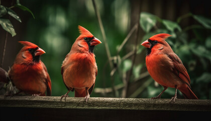 Northern cardinal perching on branch, vibrant feathers generated by AI