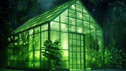 Eco green house building. Environment modern green background. Presentation, promotion, banner, header, website, poster, editing, and more. Generative ai	