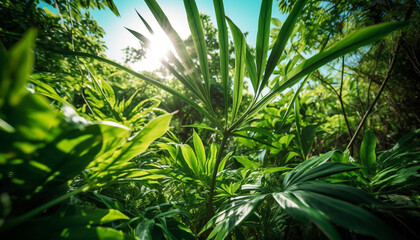 Fototapeta na wymiar Fresh green leaves adorn tropical palm trees, beauty in nature generated by AI