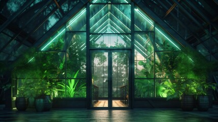 Eco green house building. Environment modern green background. Presentation, promotion, banner, header, website, poster, editing, and more. Generative ai	