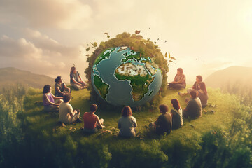 a group of people sitting in a circle with the earth in the background world population day, generative ai