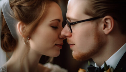 A beautiful bride and groom share love generated by AI