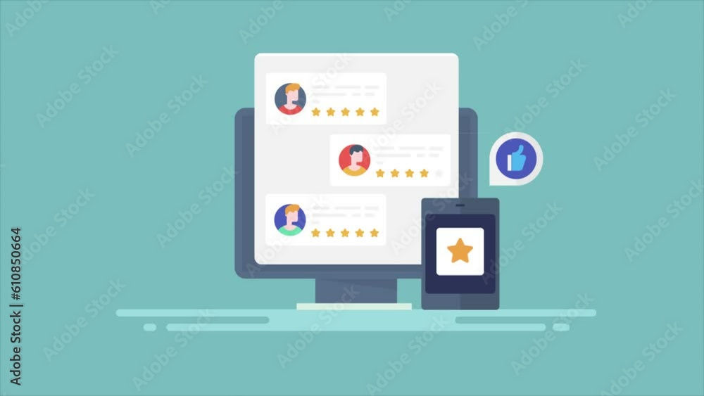 Poster website displaying numbers of positive customer reviews on computer screen, customer shares feedback