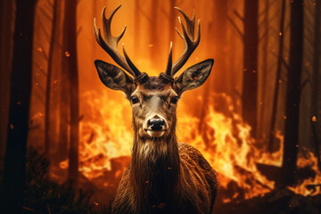 Portrait of scared deer in burning forest, Generative AI