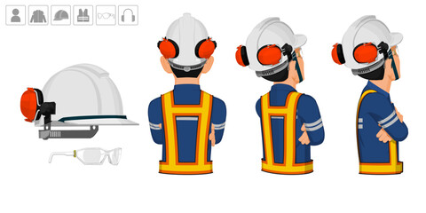 worker with helmet and earmuffs no use on white background - obrazy, fototapety, plakaty