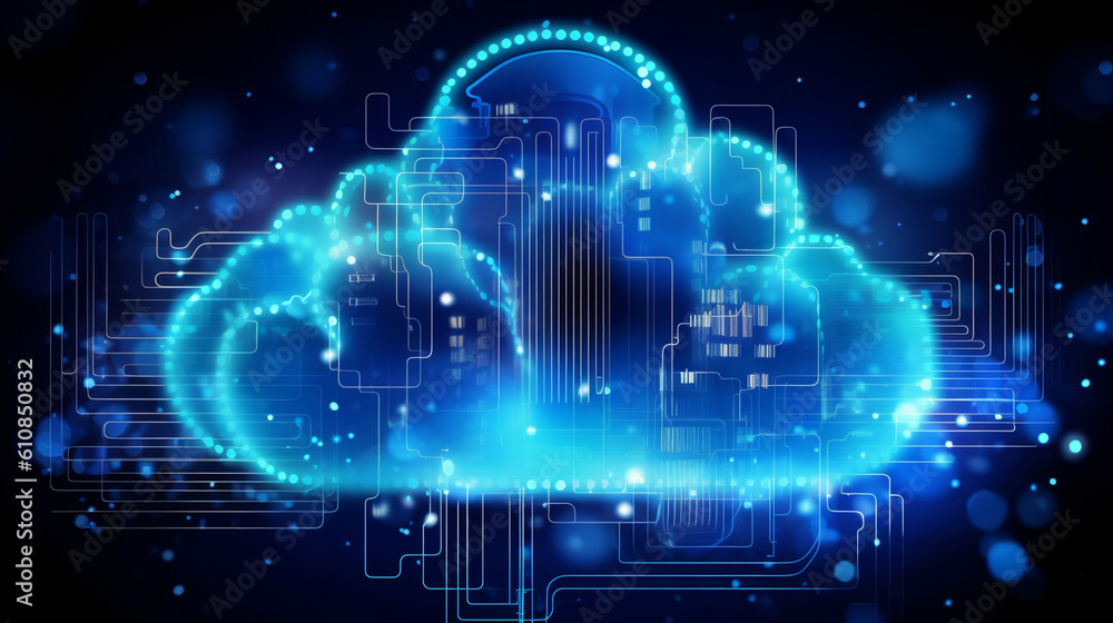 Poster cloud computing concept illustration, abstract cloud connection technology background, generative ai