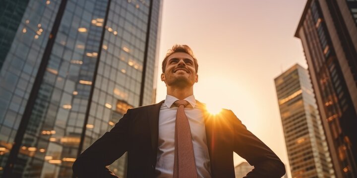 Fototapeta Happy wealthy rich successful business man standing in big city modern skyscrapers street on sunset thinking of successful future vision, dreaming of new investment opportunities. Generative AI