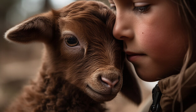 Smiling girl with cute goat on farm generated by AI