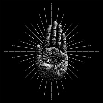 recommend clip art: hand palm with eye and rays. hand drawing vector isolated on black background.
