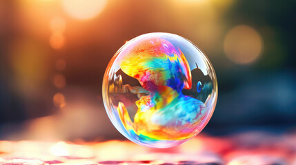 Hotograph soap colorful bubble on blur summer background. AI generation